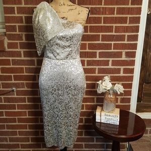 Betsy & Adam Foiled Pleated One Shoulder Dress NWT